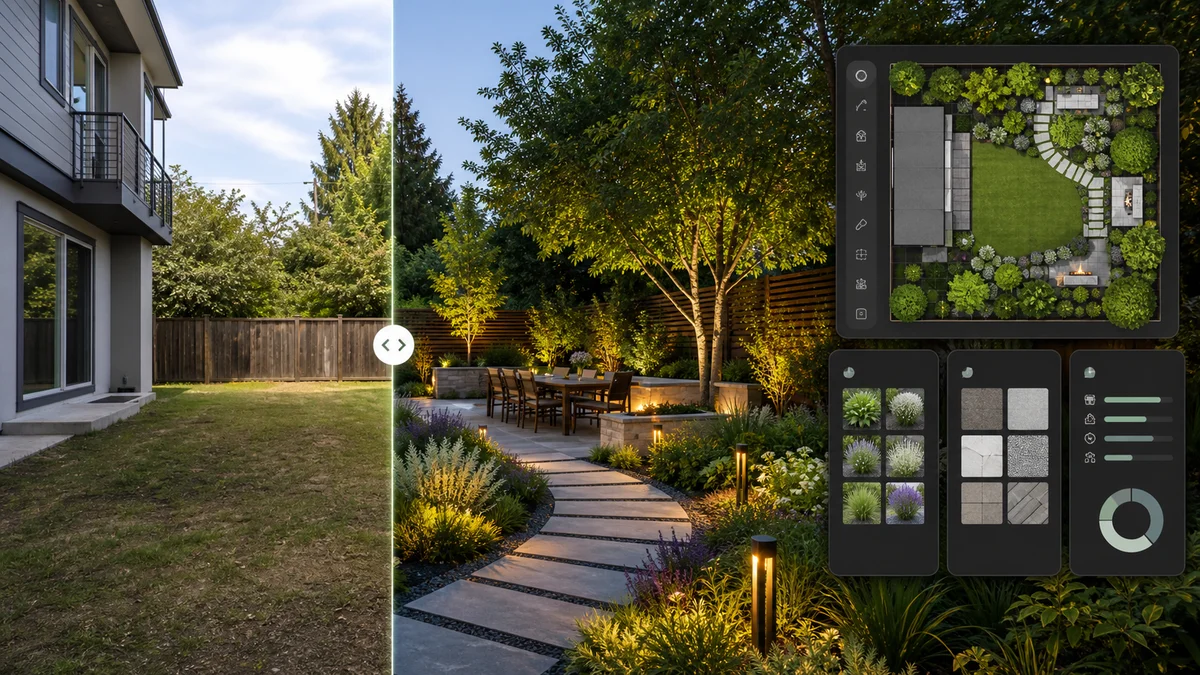 AI landscape design tools cover showing a yard transformed into an outdoor design plan