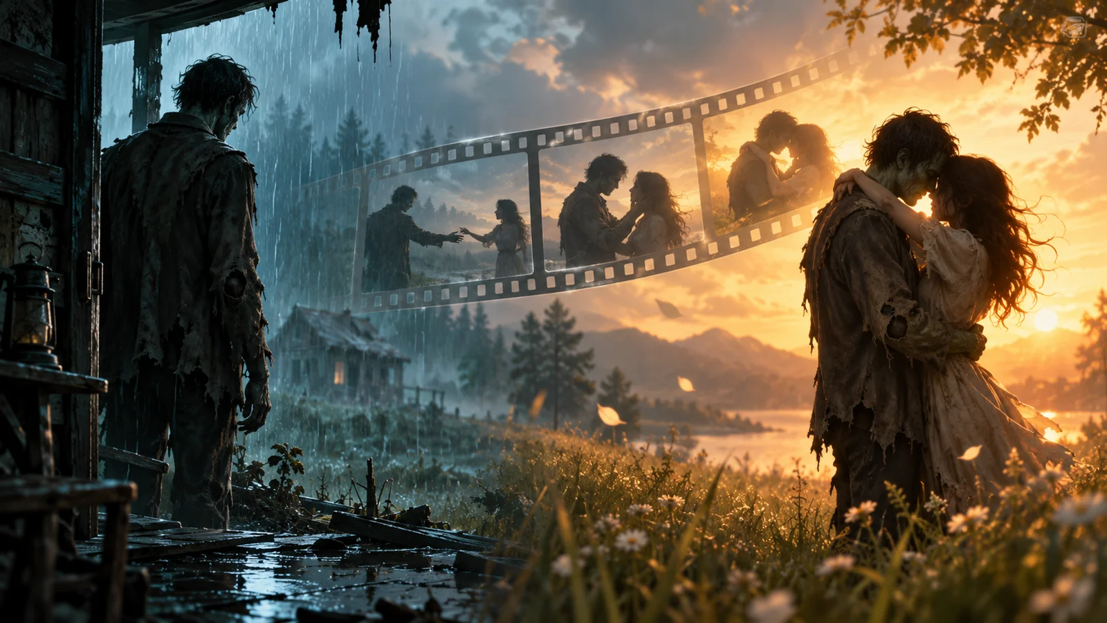 Conceptual zombie love story moving from a cold encounter to a warm reunion