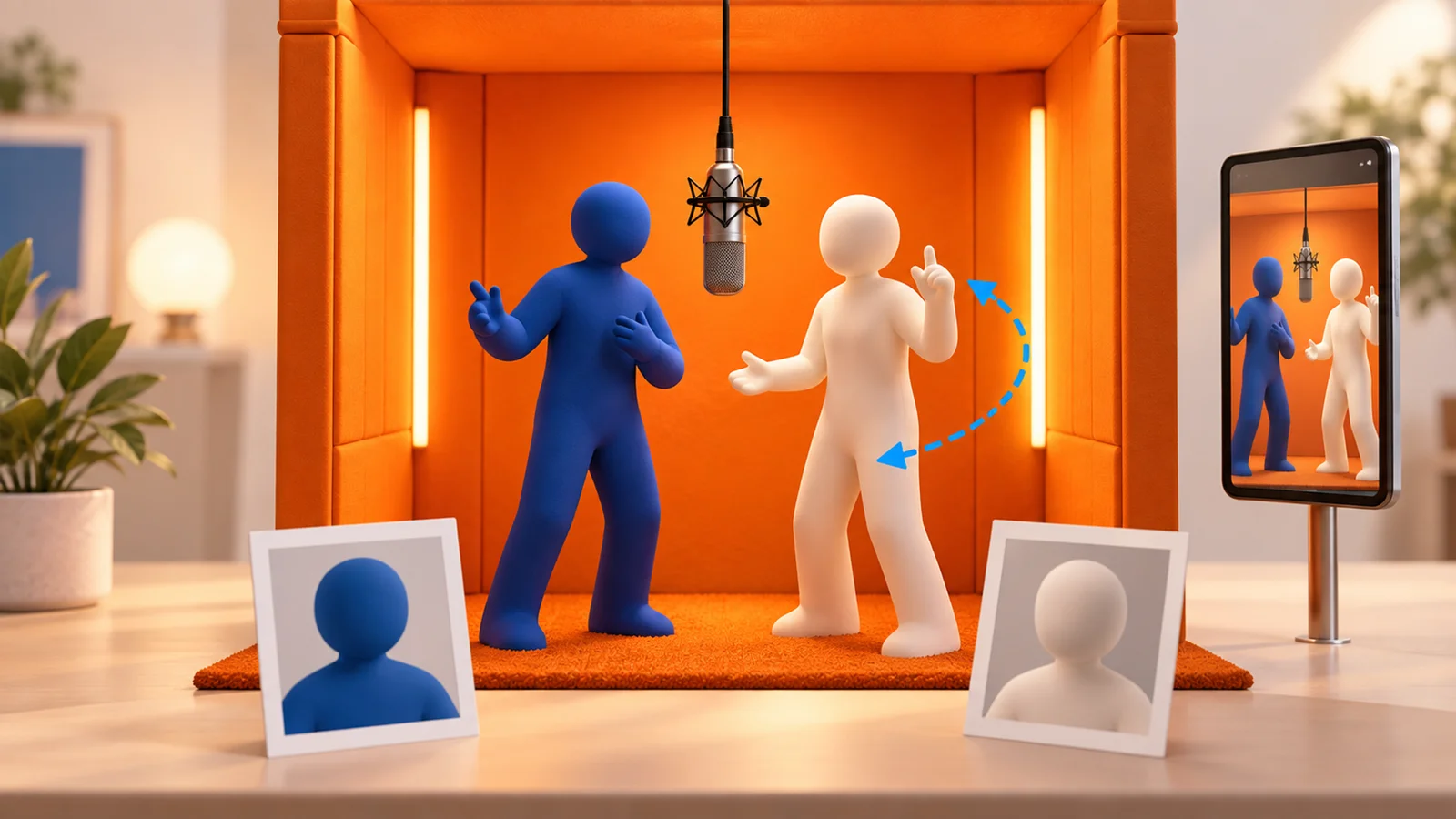 Illustration of two portrait inputs becoming an orange-booth duet video with a hanging microphone