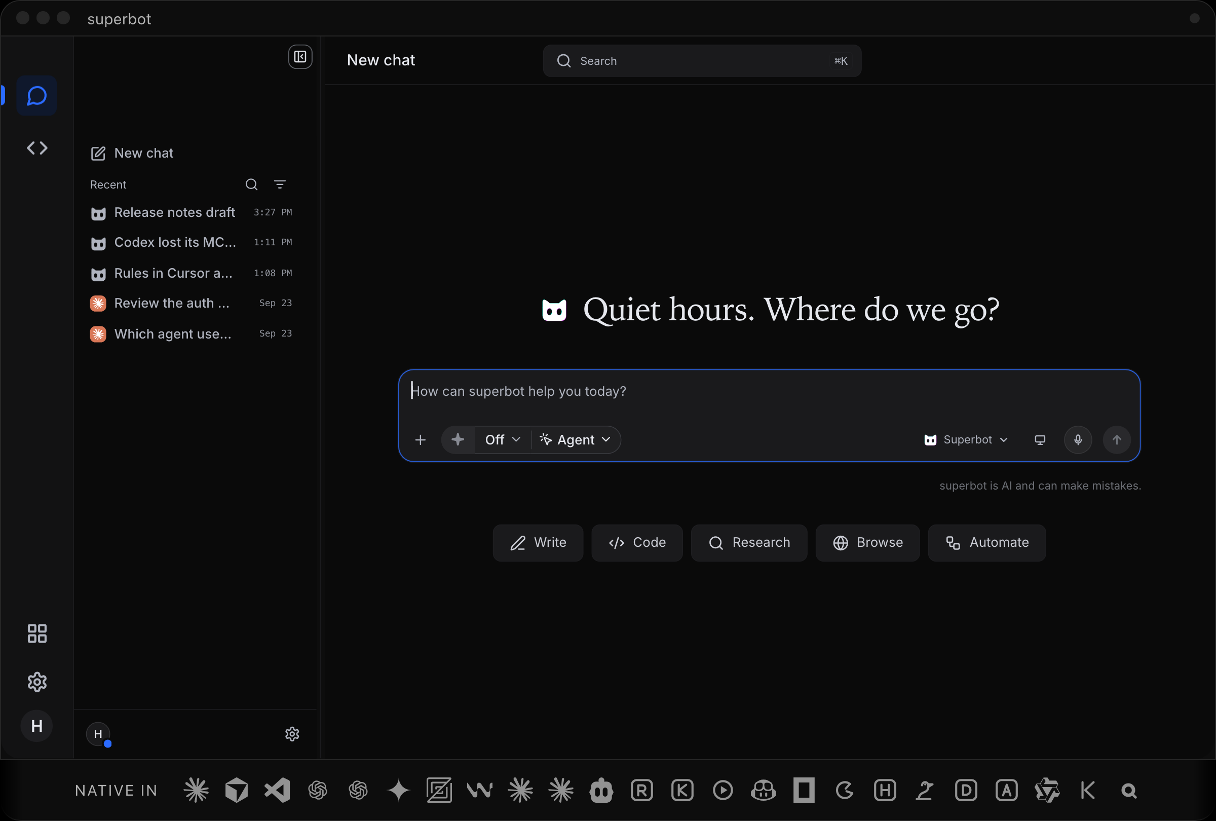 Official superbot desktop interface showing recent chats, a new-chat composer and task shortcuts.